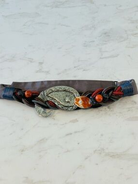Vintage Carolyn Tanner Designs Boho Grey Silver Coral Adjustable Belt 1980’s
